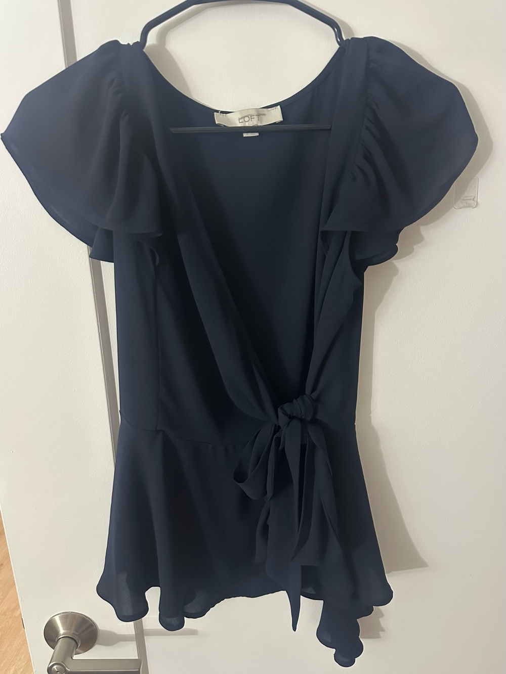 LOFT Navy Flutter-Sleeve Wrap Blouse